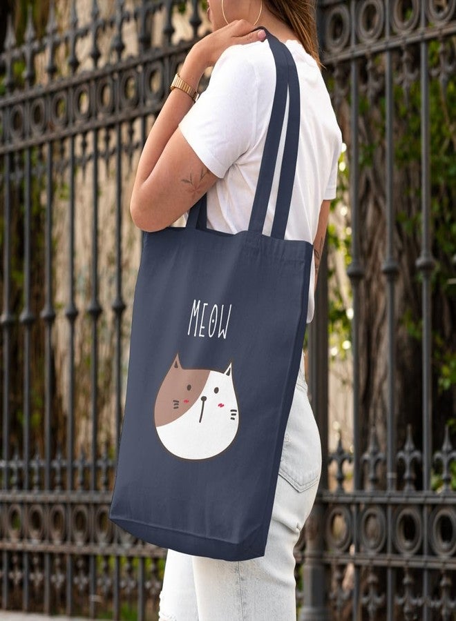 Roundsun Rounsdun Olive Reusable Canvas Tote Bag | Durable | Eco-Friendly Shopping Bag | Stylish Large Capacity | Comfortable Handles for Everyday Use With Main Zipper Closure & Inner Pocket (Meow, Navy) - Image 3